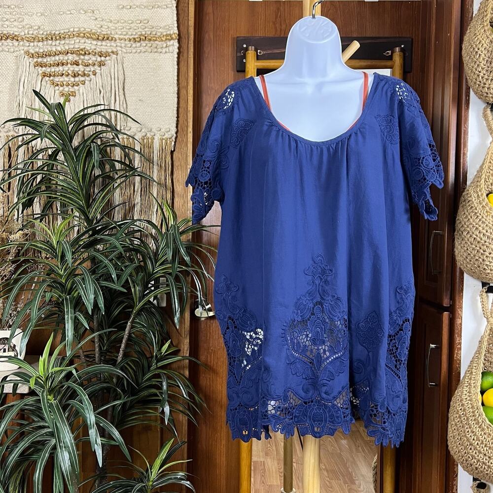 Vintage Y2K Victoria’s Secret Blouse Blue Cotton Eyelet Boho Top Oversized Small